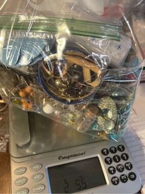 Bag of Mixed Jewelry Beads and Charms - Blue, Gold, White craft broken 2lb 14 oz